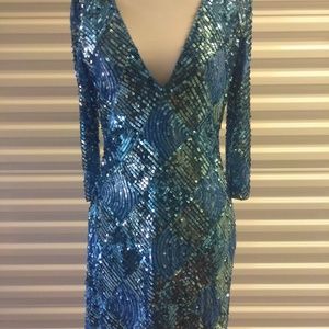 Scala Low Plunge V-Neck Blue Sequin Mini Dress Sz4
